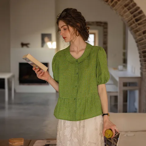 DA_Split design plaid blouse