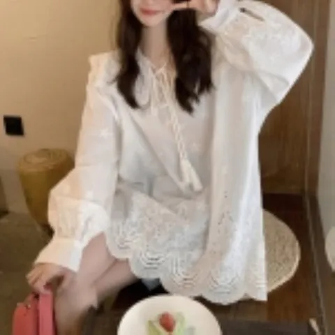 여자 자수 레이스 펀칭 코튼 카라 흰 블라우스