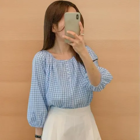 [하프클럽/신상오픈런]여성 체크 오프숄더 루즈핏 블라우스 허리띠 포함
