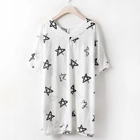 별 나염 브이넥 반팔티 2052856S 빅사이즈 여성