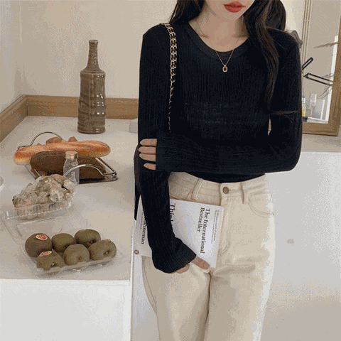 [하프클럽] 간간히 핑크 얇은 골지니트 오피스룩 봄 가을 간절기 블랙 아이보리 베이지 시스루 라운드 긴팔 이