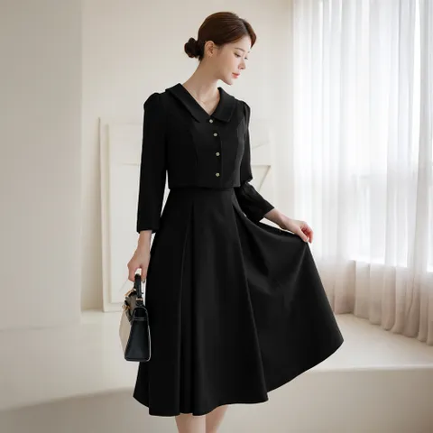 (~XXL까지) 에리린 플랫카라 레이어드 자켓 플레어 원피스 가을 하객룩 오피스룩 모임룩 격식룩 빅사이즈