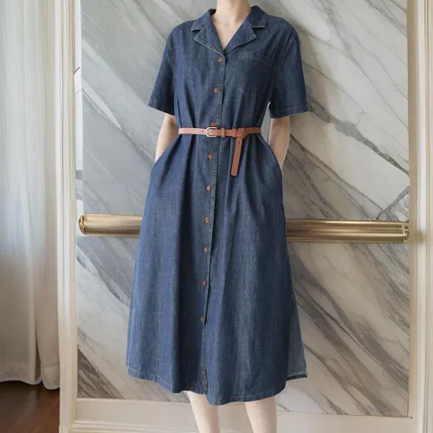 여자 주머니 데님롱셔츠 트임 반소매 롱원피스