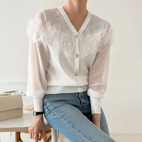 H스타일JB니트샤샤티 여성 봄 니트티 브이넥 카라 스웨터 반팔티