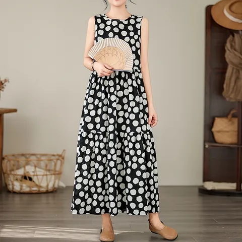 2491697 - 면 패턴 롱원피스 루즈핏 빅사이즈 여름원피스 린넨원피스 면원피스 40대 50대 100사이즈