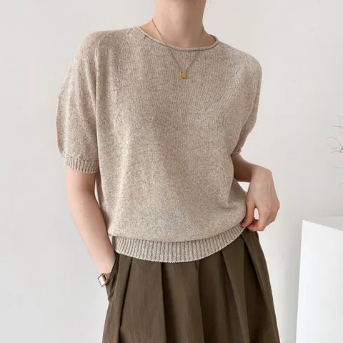 여자 썸머 쿨 린넨 홀가먼트 무지 라운드 니트 티셔츠 핏이 예쁜 여름 시원한 이너티