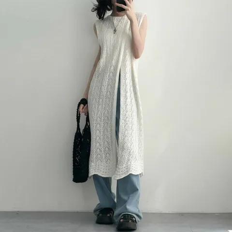 [브리치] 입꼬 / 홀란 레이스 뜨개 레이어드 롱니트4color