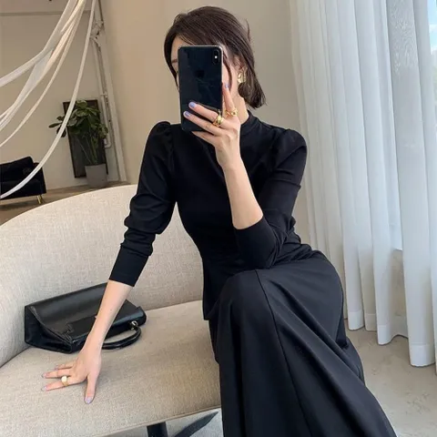 여성 하객룩 하이넥 셔링소매 롱원피스 SSH091 나시 롱 봄 여성 롱드레스 원피스 플 호캉스
