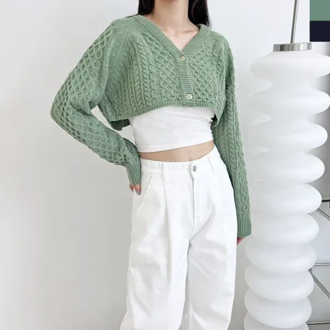 연두색 꽈배기 크롭 볼레로 가디건 미니 데일리 봄 여름 여성의류