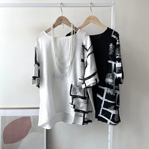 [브리치] 에르디테 / 박시 핏 큰옷 프린팅 배색 포켓 반팔 블라우스 티셔츠