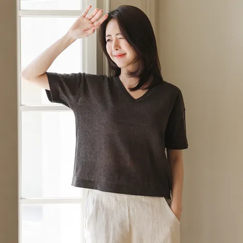 여름 쿨 린넨 마 브이넥 빅사이즈 루즈핏 반팔 니트 출근 모임 캐주얼