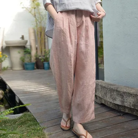 [브리치] 제로투올샵 / 여성 여름 린넨 얇은 와이드 팬츠 핑크 M 추천 40.0 52.5kg