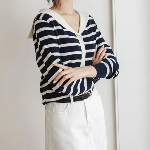 [다잇템] 여자 스웨터 줄무늬 세일러카라 포멀룩 가디건_4