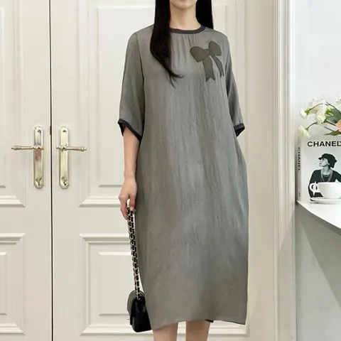 여자 여름 중년 미시룩 리본 플레어 롱원피스