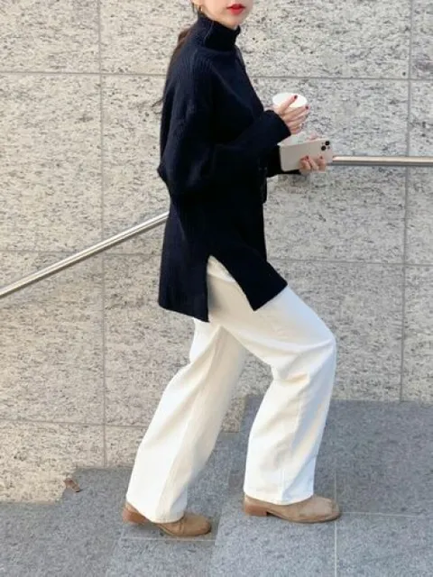 [브리치]  / 빅사이즈 루즈 오버 핏 목폴라 하이넥 옆트임 롱 니트