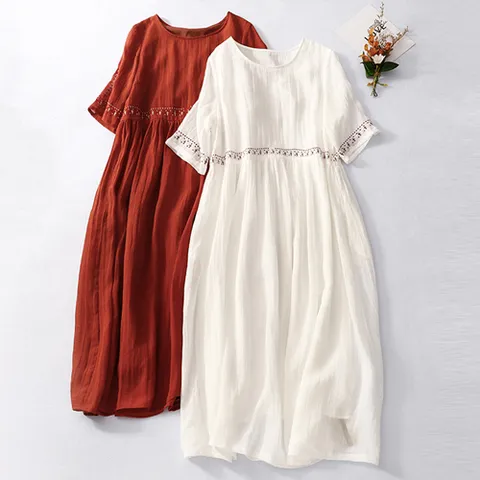 242737 - 린넨면 인디 자수 롱원피스 루즈핏 빅사이즈 여름원피스 린넨원피스 면원피스 40대 50대 100사이즈