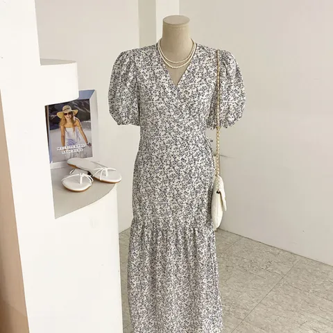 [브리치] 허니제이 / 탄키 잔플라워 퍼프소매 랩 반팔 원피스(2color)