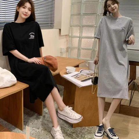 여성 앞뒤 영문 레터링 트임 반팔 원피스 URK_342 (15001031)