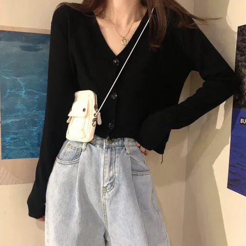 디안느 브이넥 세미크롭 슬림 골지 가디건