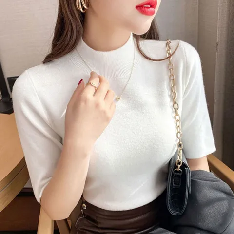 알티피아 여성 2컬러 하프넥 스웨터 반폴라 5부 이너 반팔 니트 여성티셔츠 니트티셔츠 니트반팔