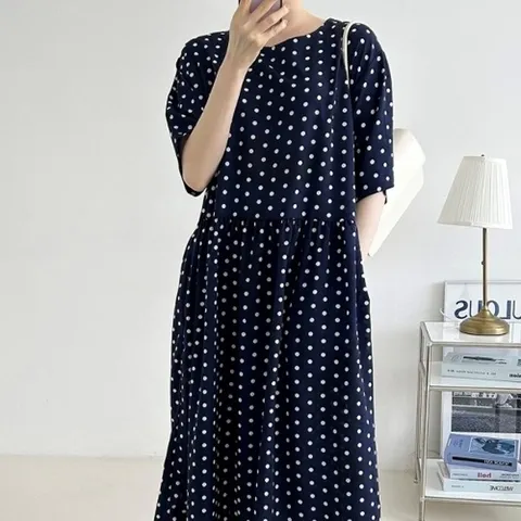 [다잇템] 여자 패턴 SS 땡땡이 프리 반소매 후레아 도트 롱원피스_18058434_588872