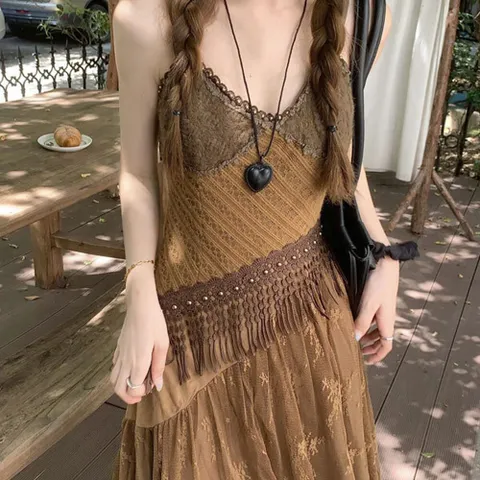 리키드 보헤미안 빈티지 플라워 시스루 롱 원피스