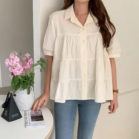 [하프클럽/옷자락]여자 여름 캉캉 플리츠 반팔 블라우스