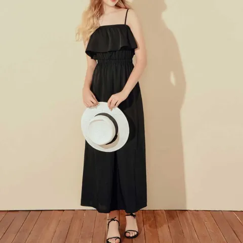 여성 밴딩 프릴 끈나시 점프수트 민소매 와이드핏 점푸수트 여자오버롤 여름오버롤