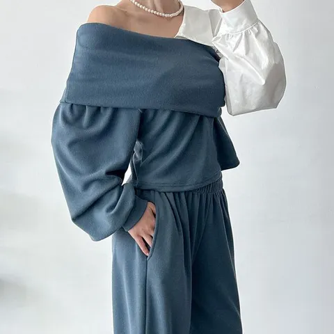[하프클럽/여자 배색 셔츠 오프숄더 크롭티 루즈 와이드팬츠 세트