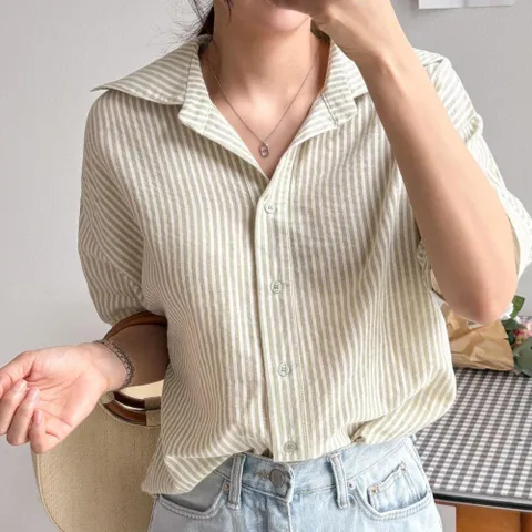 여자 스트라이프 카라넥 린넨남방 썸머 반팔 하늘 셔츠