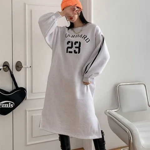 [하프클럽/여자 숫자 라운드넥 빅사이즈 옆트임 기모 롱원피스