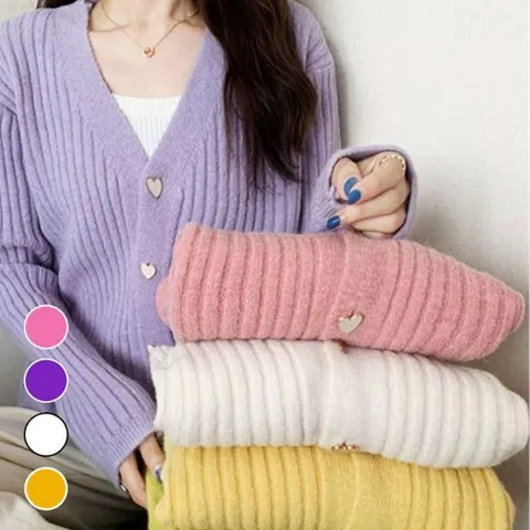 여성 편한 단추 가디건 하트 당일 하트단추 크로셰 배색가디건 코발트블루니트 오래입는