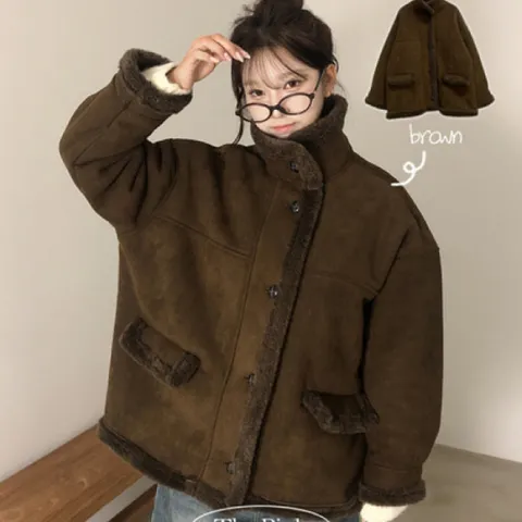 [브리치]  / 브온 루즈핏 하이넥 양털 퍼 절개 무스탕 하프 코트