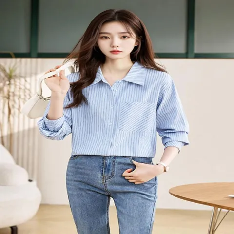블라우스 셔츠 브라우스 빅카라 스트라이프 8960 소라 KQQ 여성