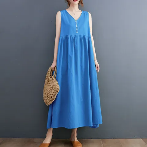 2591129 - 브이넥 버튼 민소매 린넨면 롱원피스 루즈핏 빅사이즈 여름원피스 린넨원피스 면원피스 40대 50대 100사이즈