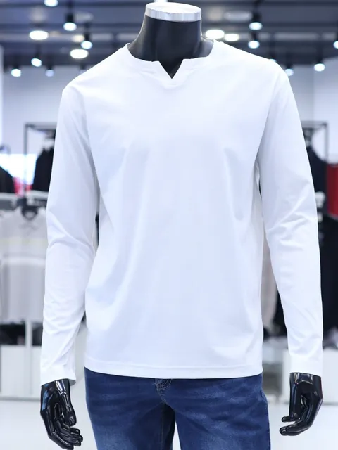 사계절 화이트 수피마 슬릿넥 긴팔 티셔츠 F1TS24591