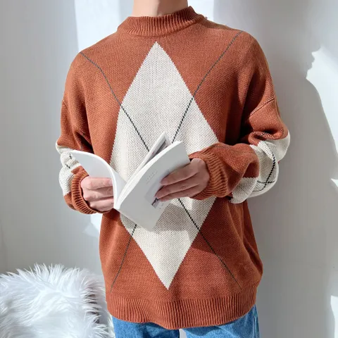 블레오 남성 봄 가을 오버핏 스웨터 라운드 아가일 긴팔 니트