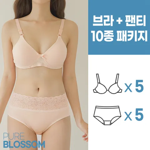 스벅 쿠폰 증정 [퓨어블라썸][10종세트] 소프트 노와이어 볼륨업 브라+레이스 브라5+팬티5 세트/빅사이즈