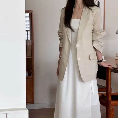 여성 쿨 린넨100% 로크 카라 싱글 자켓 모임룩 하객룩 오피스룩