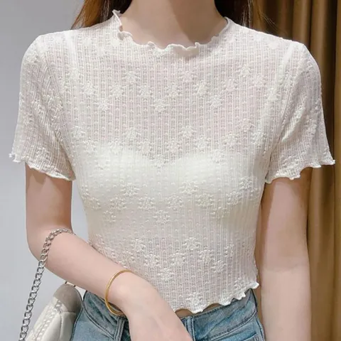 라운드 프릴 플라워 시스루 이너 크롭반팔티 NF_33 (33570860)