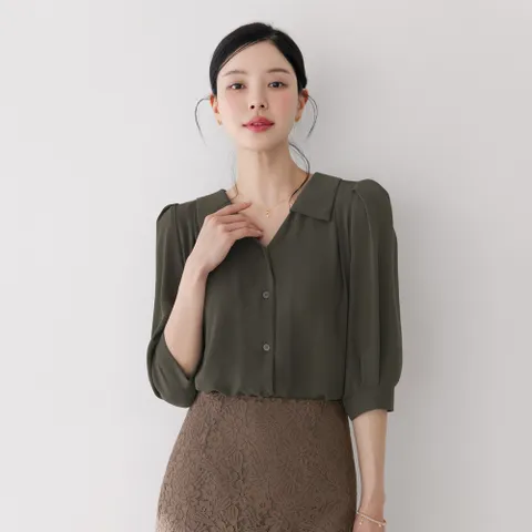 (~XXL까지) 제하 오픈카라 퍼프소매 블라우스 봄 가을 오피스 하객룩 데이트 모임 미시 빅사이즈