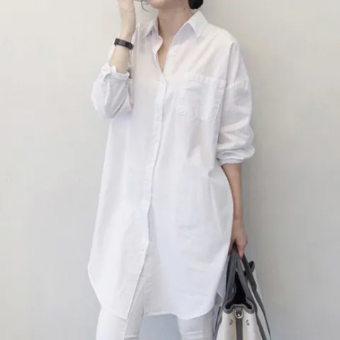 뒷트임 단추 포인트 여성 베이직한 롱셔츠 코디 흰색 여성용셔츠 단추포인트셔츠 단정한셔츠