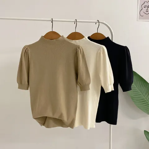 [브리치] 허니제이 / 롬밋 소프트 반목 퍼프소매 반팔 니트(3color)