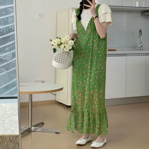 [브리치]  / 레트로 플로럴 뷔스티에 나시 루즈핏 쉬폰 원피스