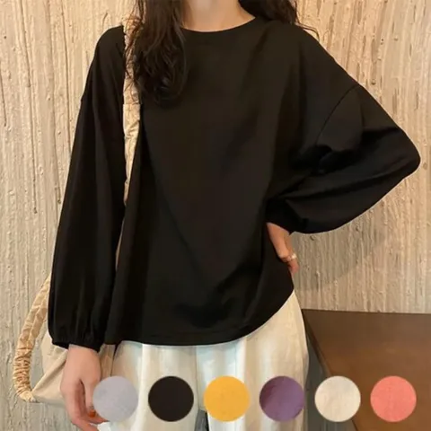 [옷자락] 여자 라운드넥 퍼프 소매 밴딩 긴팔 티셔츠