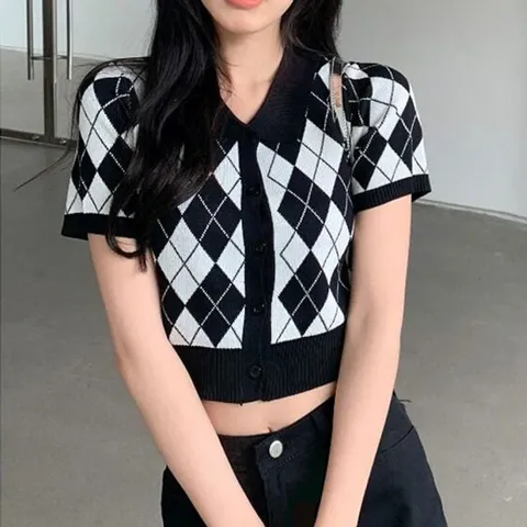 코디피셜 아메리칸 레트로 폴로카라 크롭 반팔 가디건 반팔가디건 다이아체크가디건 니트가디건