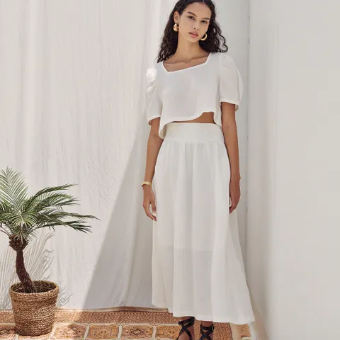 Linen Cotton Cropped Top + Wide Waist Skirts set
