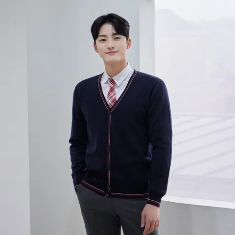 네이비 레드 화이트 굵은라인 가디건 교복