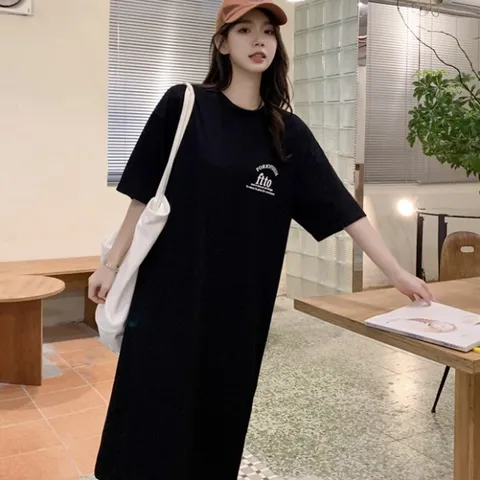 레터링 여성반팔원피스 앞뒤 롱원피스 원피스 영문 트임 반팔
