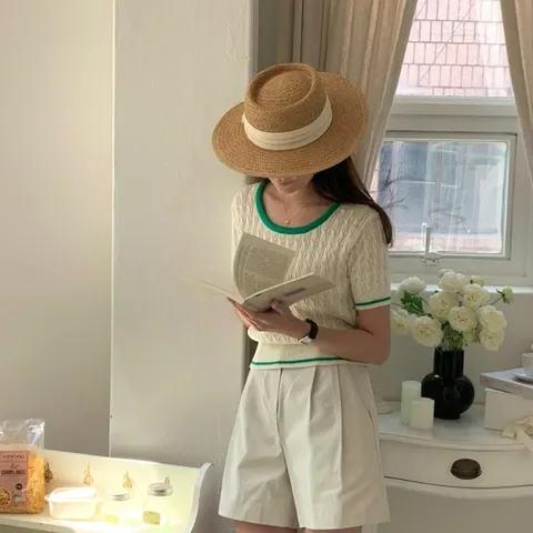 여자 유넥 꽈배기 케이블 배색 반팔 스웨터